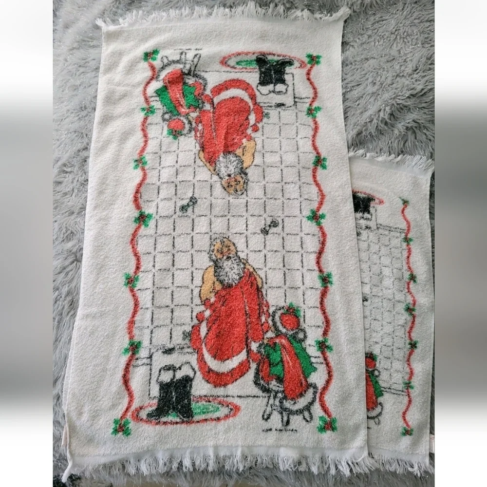 Vintage Cannon Christmas Santa Shower Bath Towel Set Hand Washcloth 1987 Set 3